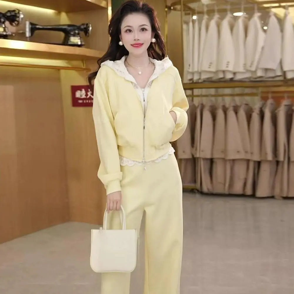 Women's Suit 2025 High-end Splicing Lace Hooded Sweater + Casual Pants Two-piece Set Good Vibrations