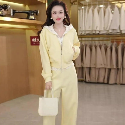Women's Suit 2025 High-end Splicing Lace Hooded Sweater + Casual Pants Two-piece Set Good Vibrations