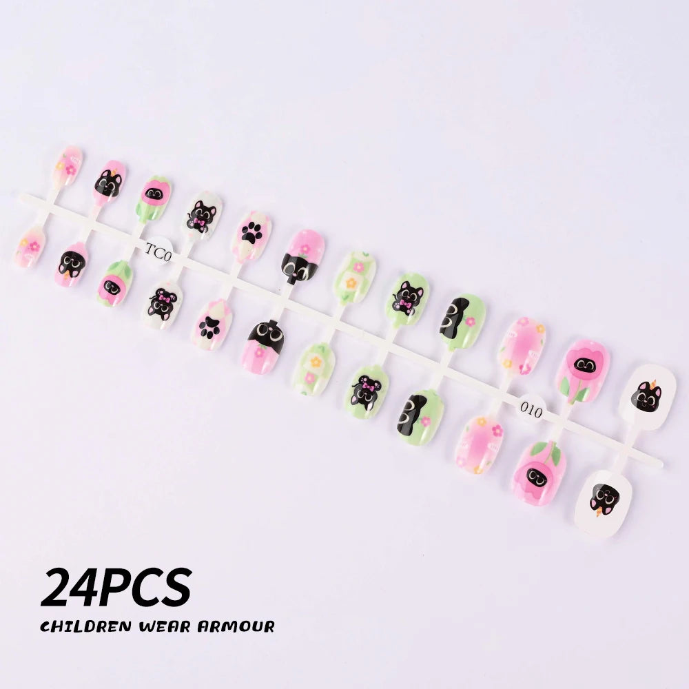 24Pcs/Strip Pink Detachable Child False Nails Tip Kawaii Cartoon Strawberry Acrylic Artificial Full Cover Press On Nail for Girl Good Vibrations