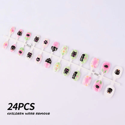 24Pcs/Strip Pink Detachable Child False Nails Tip Kawaii Cartoon Strawberry Acrylic Artificial Full Cover Press On Nail for Girl Good Vibrations