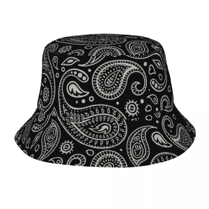 Black Paisley Pattern Bandana Print Bucket Hats Women Men Unisex Trendy Summer Fisherman's Hat Good Vibrations