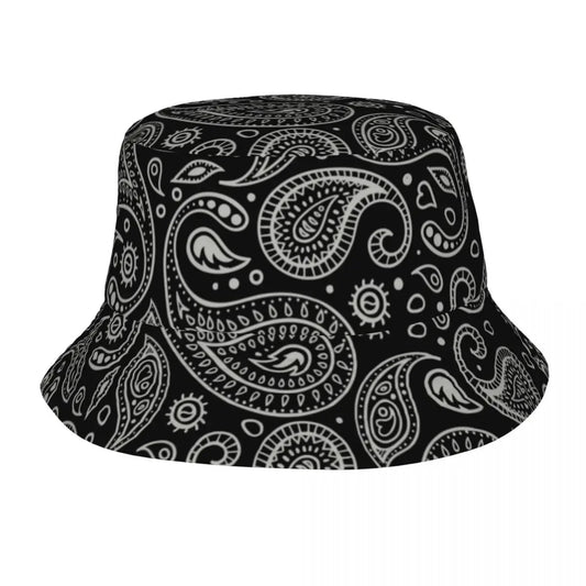 Black Paisley Pattern Bandana Print Bucket Hats Women Men Unisex Trendy Summer Fisherman's Hat Good Vibrations