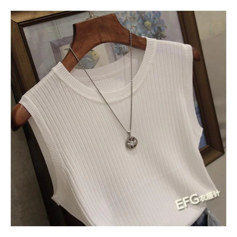 Summer Sleeveless Blouse Women O-neck Knitted Blouse Shirt Women Clothes Women Tops DF4903 Good Vibrations