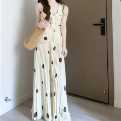 Women Two Piece Outfit V Neck Bow Sleeveless Top Printed Pleated Long Maxi Skirt Set Good Vibrations