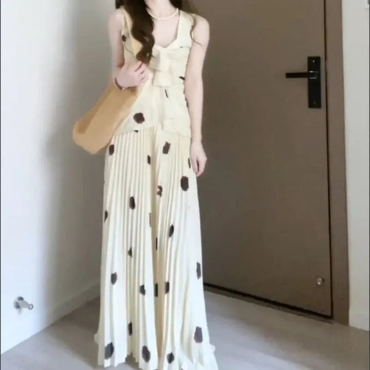 Women Two Piece Outfit V Neck Bow Sleeveless Top Printed Pleated Long Maxi Skirt Set Good Vibrations