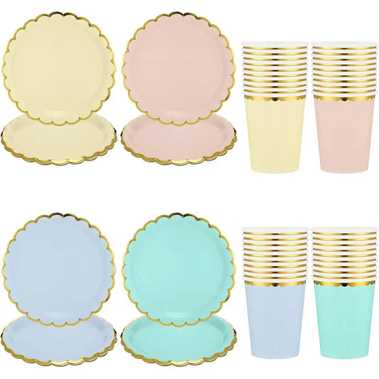 80 Pcs 9 In Pastel Scalloped Paper Plates Dessert Plates 9 Oz Disposable Paper Cup With Metallic Gold Border Pastel Cup Good Vibrations