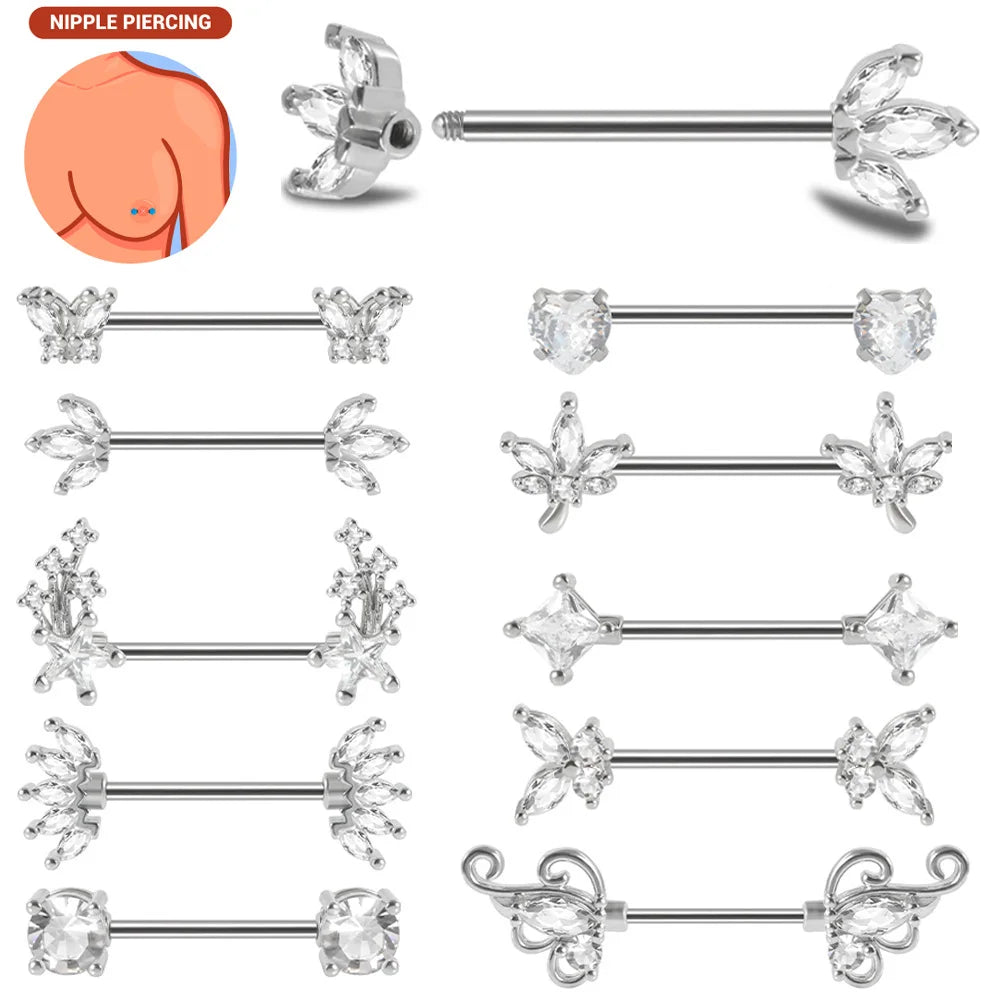 1pair Nipple Piercing Stainless Steel Nipple Rings CZ Butterfly Heart Nipple Barbell For Women Girls 16G Body Piercing Jewelry Good Vibrations