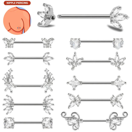 1pair Nipple Piercing Stainless Steel Nipple Rings CZ Butterfly Heart Nipple Barbell For Women Girls 16G Body Piercing Jewelry Good Vibrations