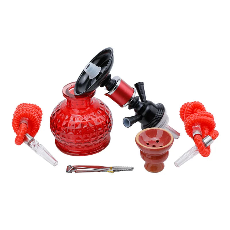 Travel Arabian Hookah Set with double hose, glass base, and ceramic bowl in red.