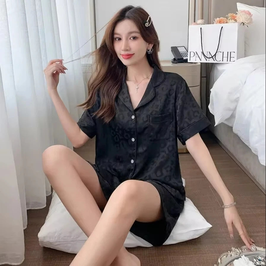 1 Set Women's Elegant Lounge Set, Plus Size Satin Striped Button Up Long Sleeve Shirt & Pants Pajamas Good Vibrations