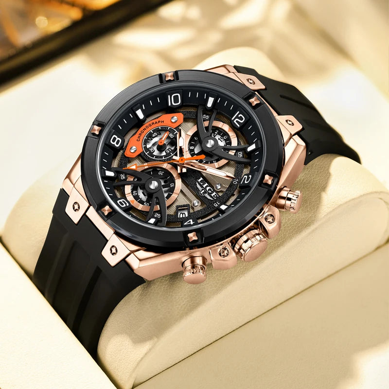LIGE Luxury Military Men Watch Waterproof Luminous Date Sport Man Wristwatch Chronograph Silicone Strap Quartz Men's Watches Good Vibrations
