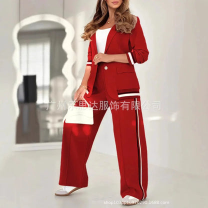 Women Suit Jacket 2 Piece Sets Striped Blazer Coat Turn Down Collar Single Breasted Wide Leg Pants Ensemble Office Lady Outfits Good Vibrations