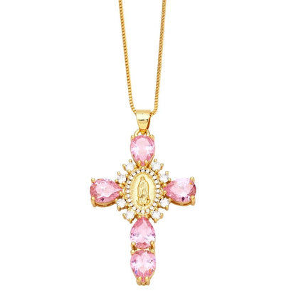 Retro European Style Zircon Cross Necklace Gilded Luxury Crystal Crucifix Necklace Religious Catholic Crucifix Pendant Chain Good Vibrations