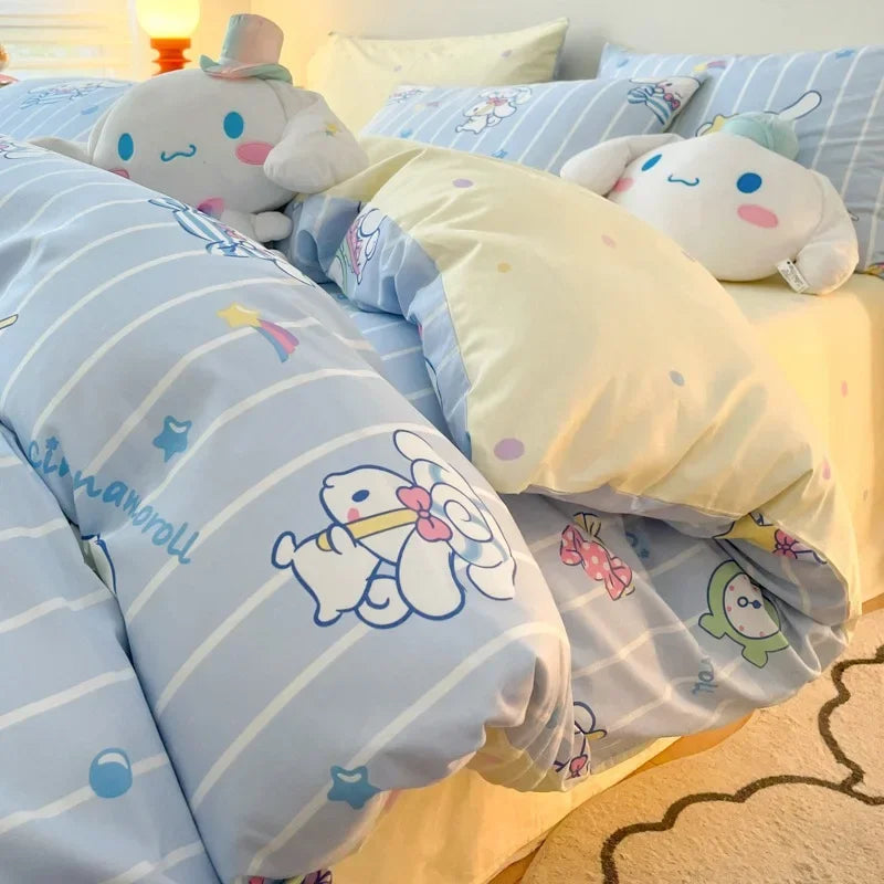 Sanrio 100% Cotton Bedding Set Cute Hello Kitty Kuromi Melody King Queen Pillowcase Bed Linens Girl Dorm Bedclothes Home Textile Good Vibrations