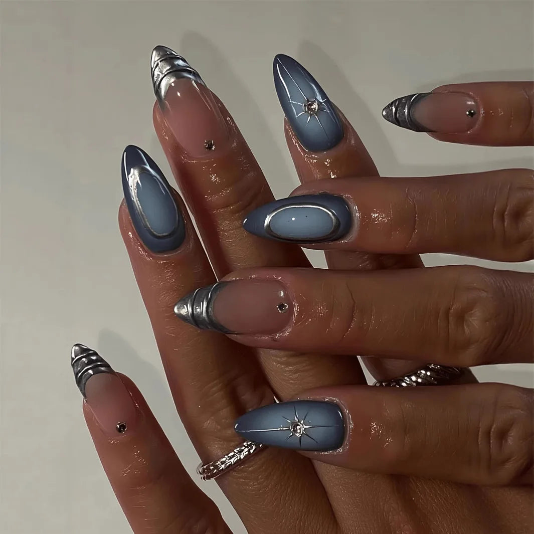 24Pcs False Nails Spicy Girl Silver Bow with Diamond Fake Nails with Glue Almond Press on Nails Black Cool Y2k Almond Nail Set Good Vibrations