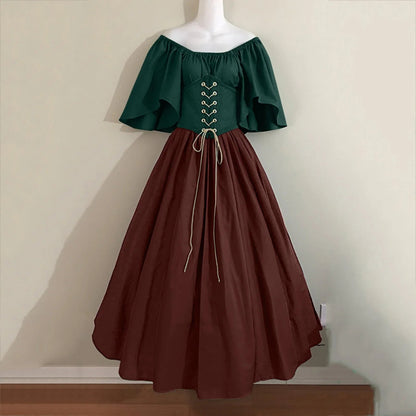 Halloween Costumes for Women Medieval Retro Contrasting Color Slim Swing Dress One-word Shoulder Dress Love Live Cosplay Good Vibrations