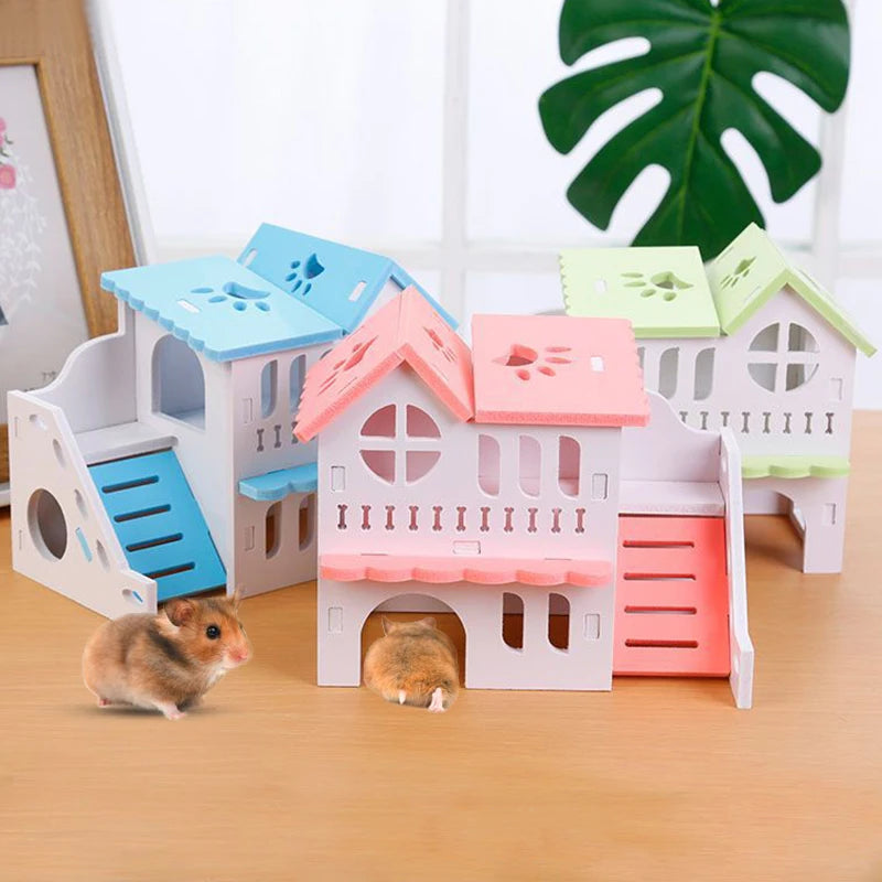 Hamster House Toy Pet Small Animal Hideout Hamster Wooden House 2 Layers With Ladder Design Wooden Hut Play Toys Good Vibrations