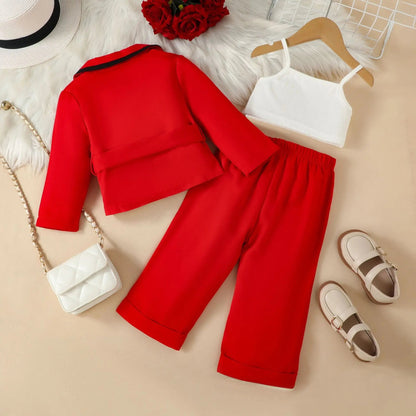 Ceeniu 4pcs Elegant Suit For Girls Children's Clothing Belted Turn-Down Collar Jacket+Camisole+Pants Luxury Girls Blazer Sets Good Vibrations