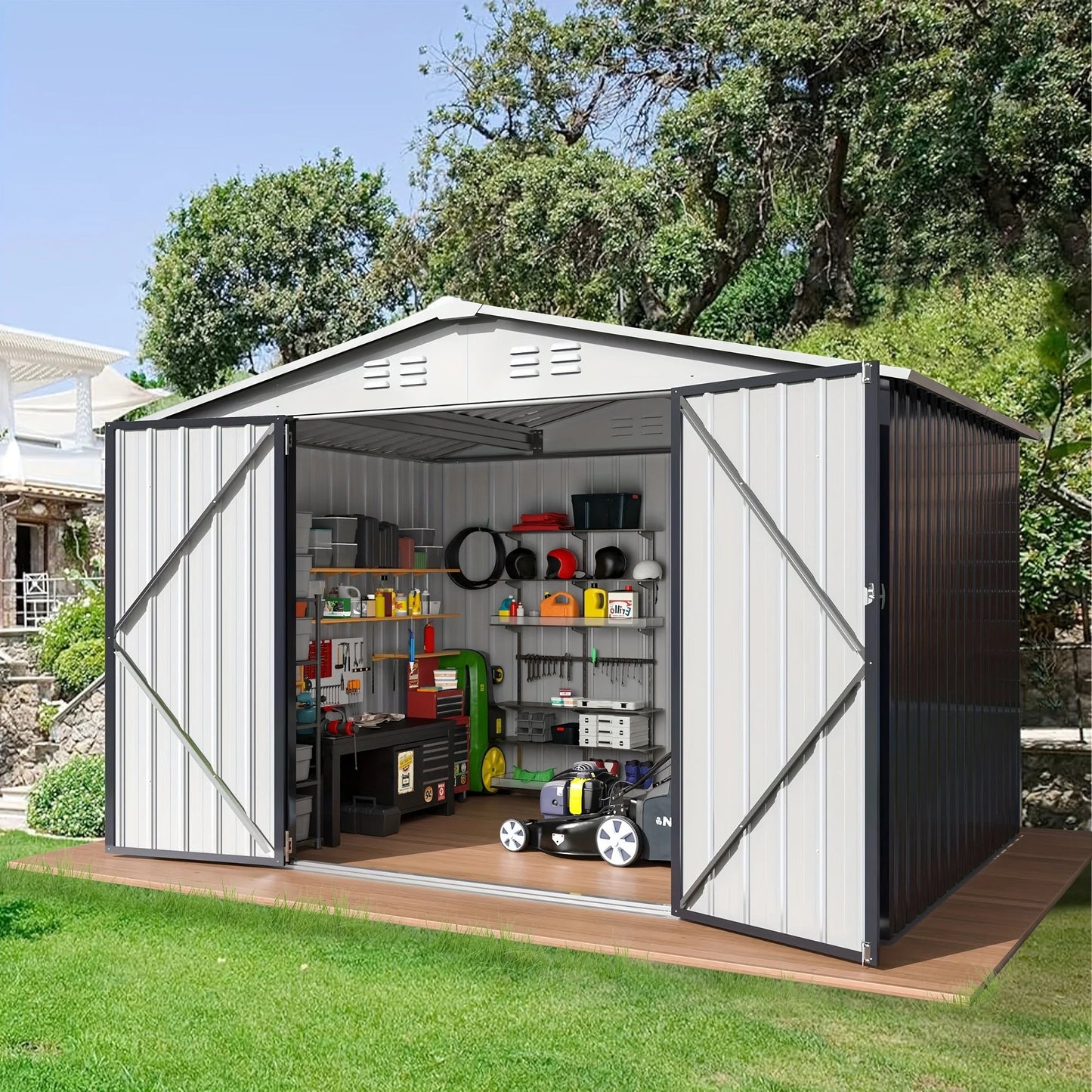Polar Aurora 10x10 FT Outdoor Storage Shed, Metal Garden Shed with with Updated Frame Structure, Tool Sheds for Backyard Garden Good Vibrations