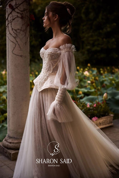 Sharon Said High Quality Boho Tulle Off White Wedding Dress 2026 Puff Sleeve Sweep Train Princess Bride Gowns SW126 Customized Good Vibrations
