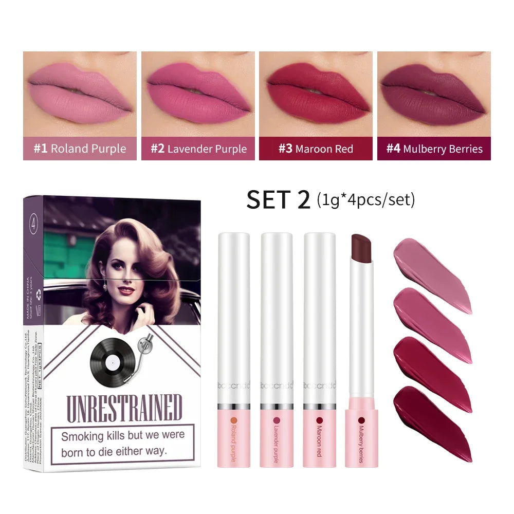 4 pcs/set Cigarette Lipstick Set Long Lasting Lip Glaze Matte Lip Gloss Waterproof Lip Stick Tube Nude Lip Tint Makeup Cosmetics Good Vibrations
