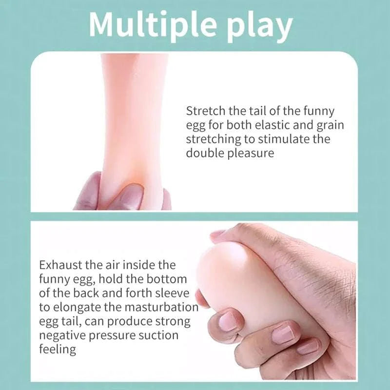 Portable male masturbator demonstrating stretch and suction effect for enhanced pleasure.