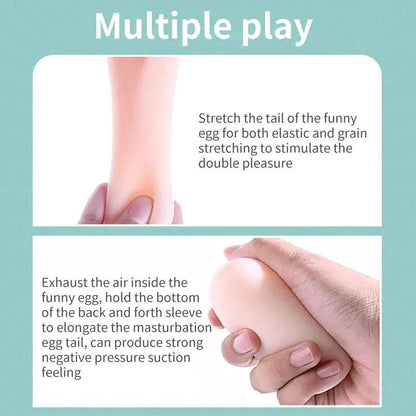 Portable male masturbator demonstrating stretch and suction effect for enhanced pleasure.