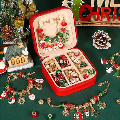 DIY Christmas Gift Set for Women: Elegant Red Green Series Christams Charm Bracelet Making Kit with Beads Jewelry Good Vibrations