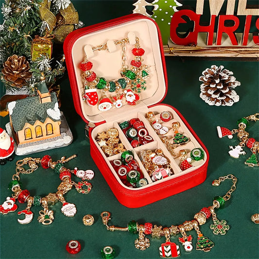 DIY Christmas Gift Set for Women: Elegant Red Green Series Christams Charm Bracelet Making Kit with Beads Jewelry Good Vibrations