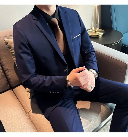 Suit (suit +Vest+Pants) Formal Business Men Four Seasons Professional Fashion Gentleman Solid Color Outdoor British Style Suit