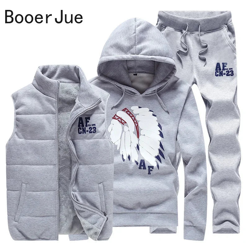 3 Pieces Set Hoodies+Vest+Pants Casual Men's Track Suit Clothing Coats Winter Thick Warm Tracksuit for Men Printed Mens Set Vest Good Vibrations
