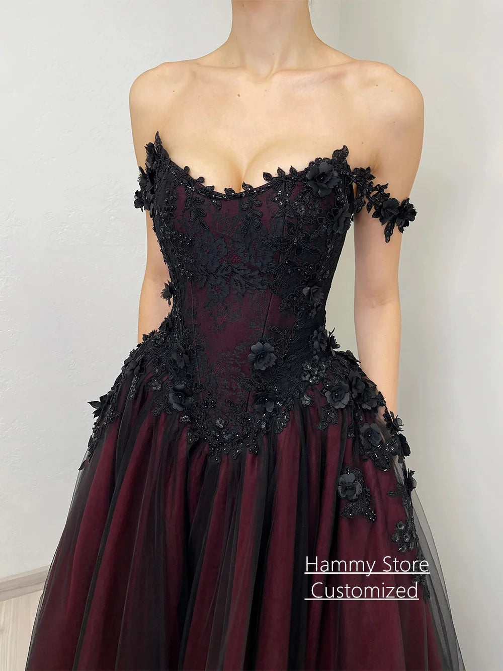 Gothic Wedding Dress Customized Off The Shoulder V Neck Flowers Applique Court Train Black Burgundy A Line Bridal Gown Good Vibrations
