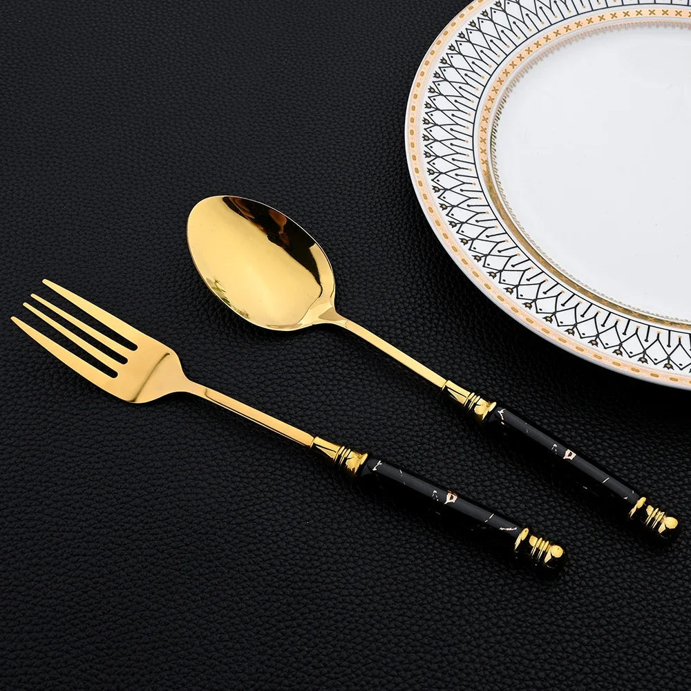 24Pcs Cutlery Set Stainless Steel Dinnerware Kitchen Fork Knife Tea Spoon Tableware Set Flatware Set Gold Silverware Set Good Vibrations