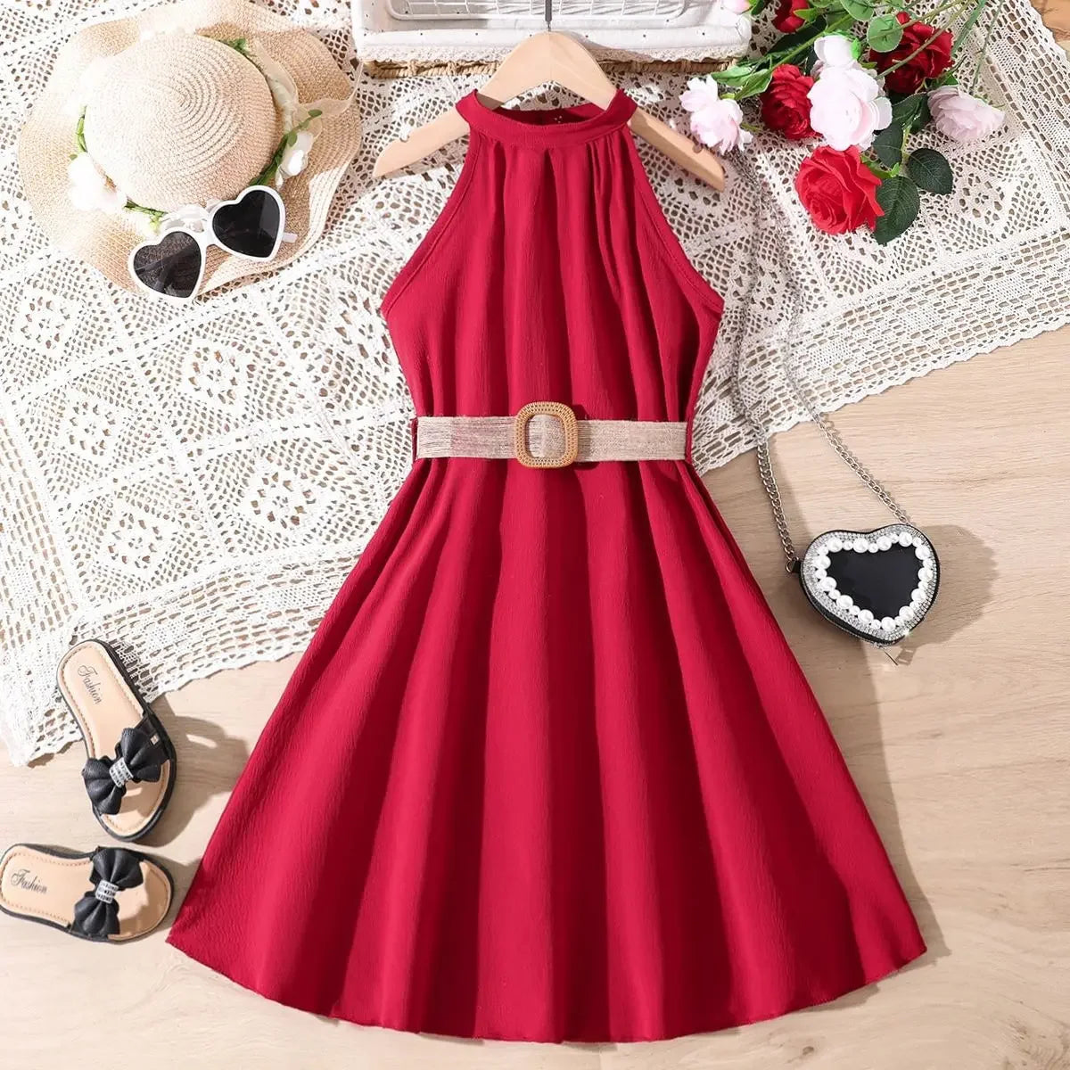 Prowow Girls Party Dresses Sleeveless Belted Halter Neck Hem Dress Holiday Beach Children's Clothing Teenagers Dress For Girls Good Vibrations