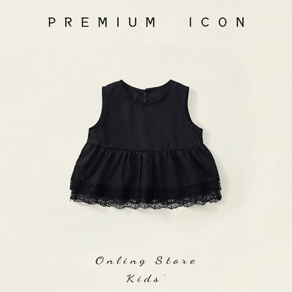 Korean Summer Kids Girls 2PCS Clothes Set Cotton Black Lace Baby Girl Vest Tops Suit Loose Striped Straight Pant Kid Girl Outfit Good Vibrations
