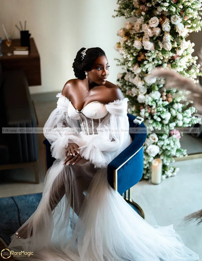 White Bride Robes for Wedding Tulle Lace Bridal Shower Dresses Off Shoulder Long Sleeve Side Split Sweep Train A Line Customized Good Vibrations