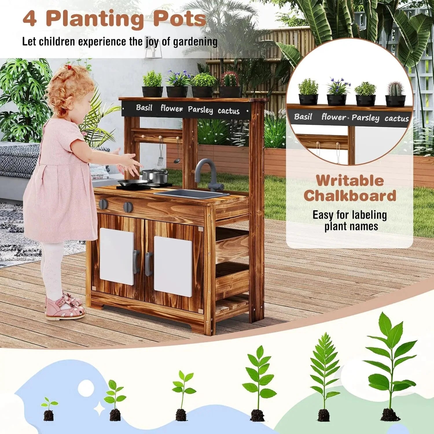 Mud Kitchen, Cedar Wood Outdoor Play Kitchen for Toddlers, Acrylic Board, Removable Sink, 4 Planting Cups, Kitchen Accessories, Good Vibrations