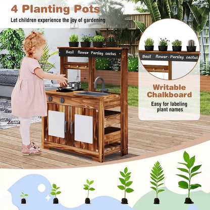 Mud Kitchen, Cedar Wood Outdoor Play Kitchen for Toddlers, Acrylic Board, Removable Sink, 4 Planting Cups, Kitchen Accessories, Good Vibrations