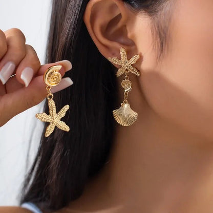 Fashion Asymmetric Ocean Style Earrings Stud  For Women Starfish Shell Earring Ear Ring Imitation Pearl Zircon Jewelry Gift Good Vibrations