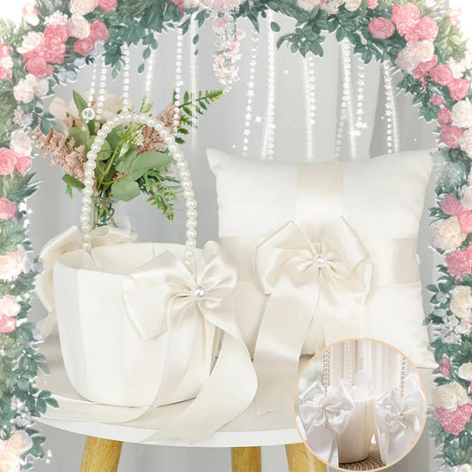 Flower Girl Basket Ring Bearer Pillow Set White Romantic Satin Bow Pearls Ring Pillow For Bride/Kid Wedding Ceremony Party Decor Good Vibrations