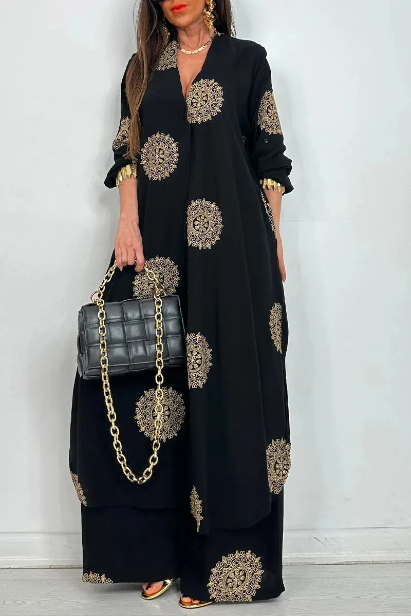 Robe Outfit Vintage Bohemia Loose Long Printed Robe Set Casual Button Shirt Blouses Wide Legs Pants Oversized Two-piece Outfit Good Vibrations