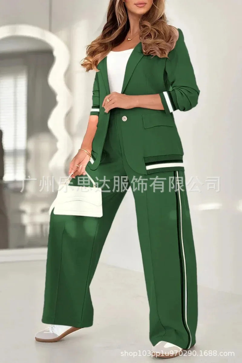 Women Suit Jacket 2 Piece Sets Striped Blazer Coat Turn Down Collar Single Breasted Wide Leg Pants Ensemble Office Lady Outfits Good Vibrations