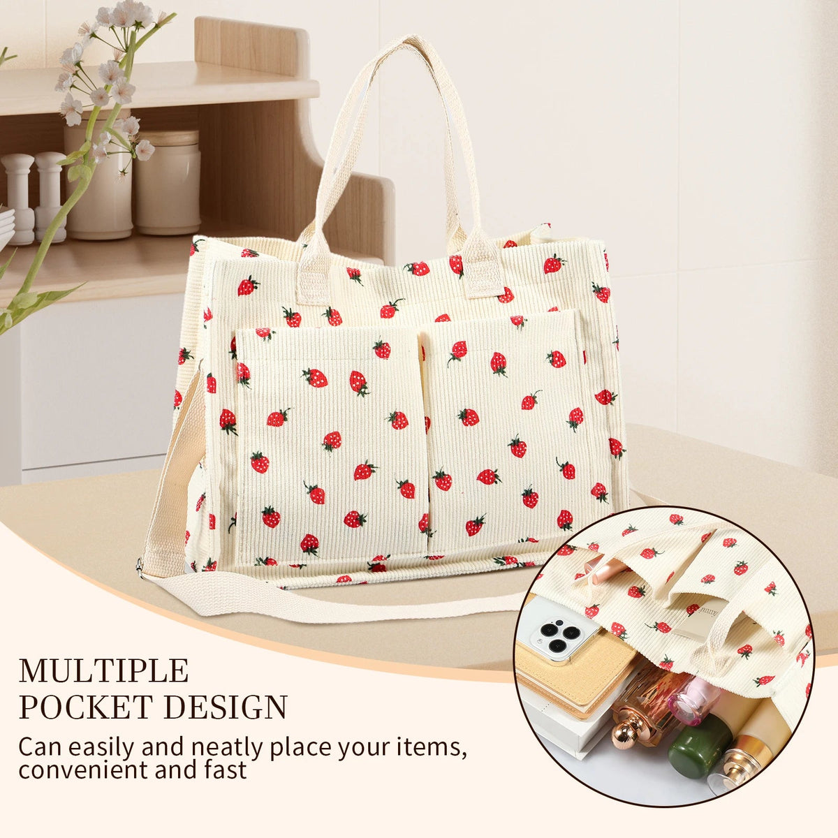 Tote Bag Cute Strawberry Patched Purse for Women Fabric Large Capacity Tote Purse Enduring Tote Bag with Adjustable Shoulder Good Vibrations