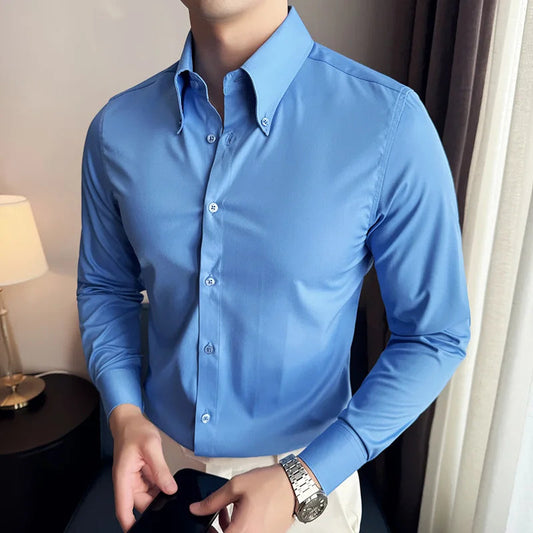 High Quality Versatile Business Casual Shirt Men Korean Fashion Long Sleeved Slim Fit Shirt Office Work Uniform Men Clothing 6XL Good Vibrations