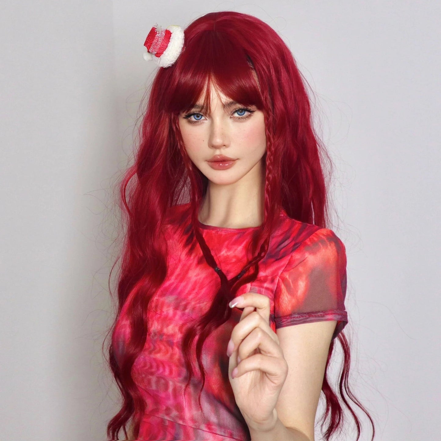 Wine Red Burgundy Synthetic Wigs for Women Long Curly Wave Cosplay Party Red Wigs with Bangs Natural Heat Resistant Daily Wigs Good Vibrations