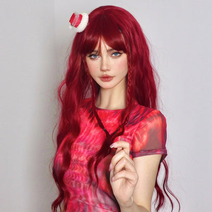 Wine Red Burgundy Synthetic Wigs for Women Long Curly Wave Cosplay Party Red Wigs with Bangs Natural Heat Resistant Daily Wigs Good Vibrations