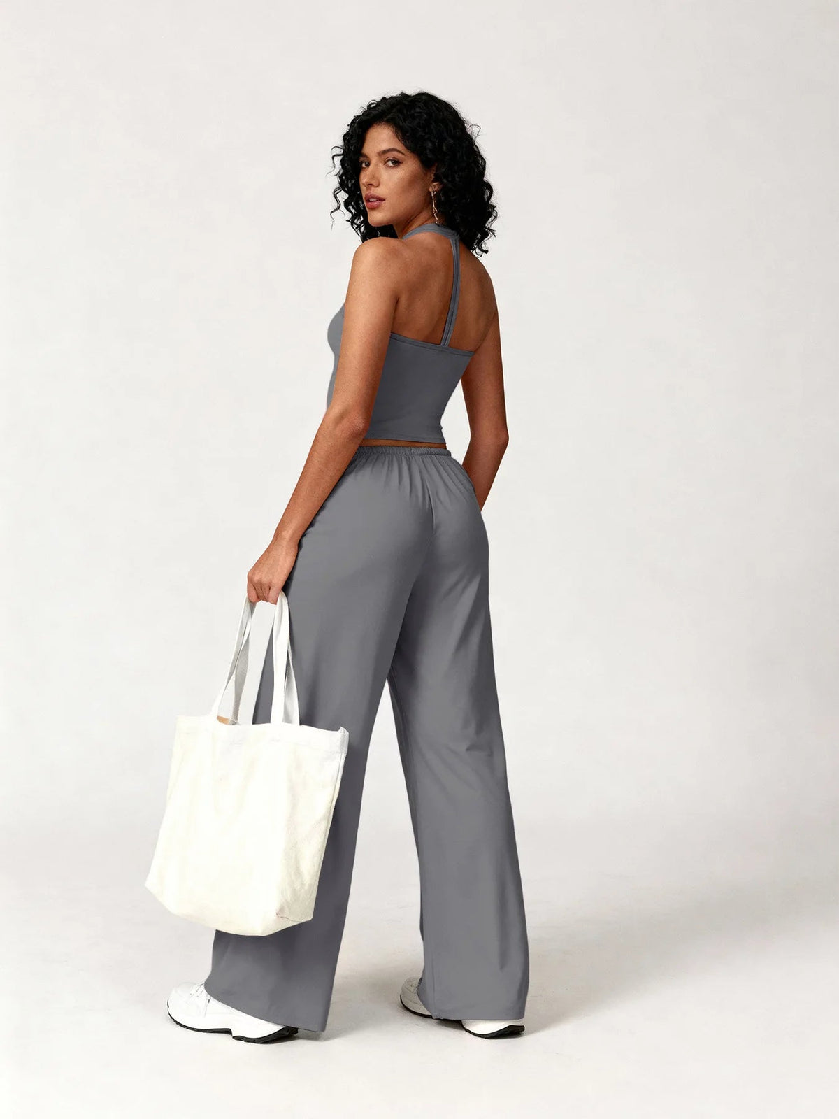 Women 2 Piece Yoga Outfit Ribbed Halter Crop Tank Top Drawstring Wide Leg Pants Set Casual Workout Gym Loungewear Tracksuit Good Vibrations