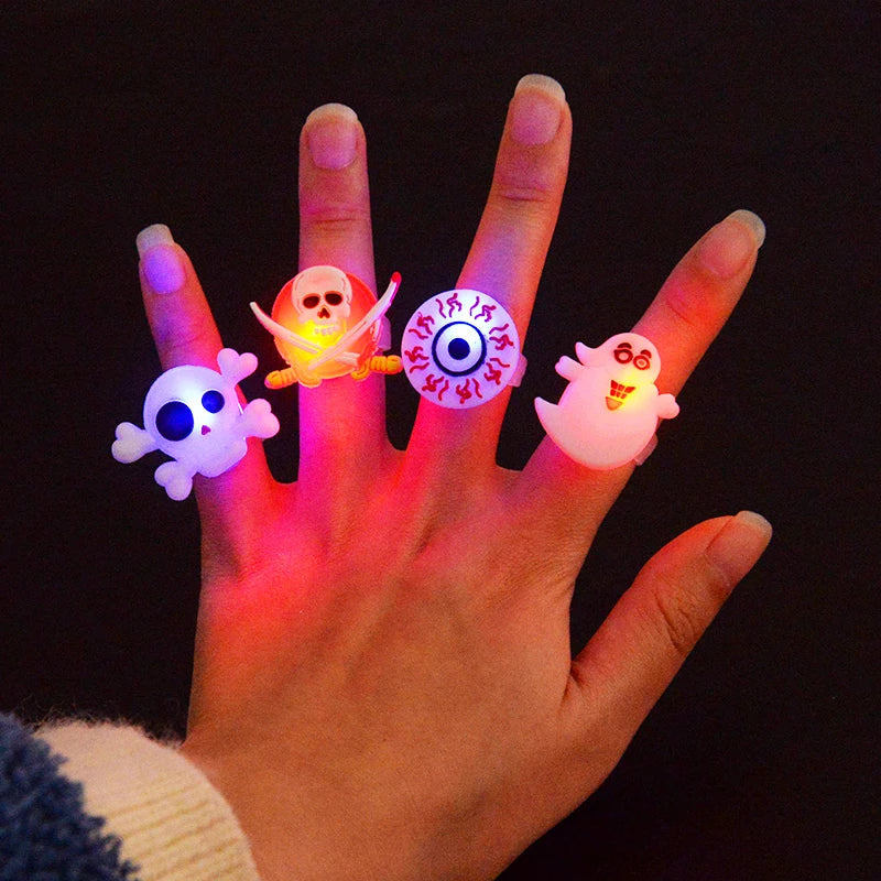 5-30Pcs LED Luminous Halloween Rings Glow In Dark Pumpkin Ghost Skull Finger Rings Jewelry For Kids Halloween Party Favors Gifts Good Vibrations