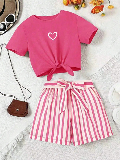 Women's Casual Daily 2-Piece Set Short Sleeve Love Printed Striped Shorts with Random Belt Children's Clothing Good Vibrations