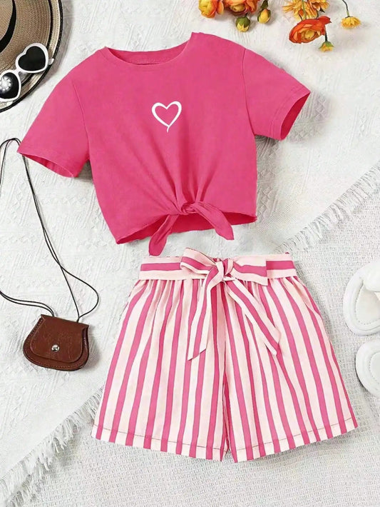 Women's Casual Daily 2-Piece Set Short Sleeve Love Printed Striped Shorts with Random Belt Children's Clothing Good Vibrations